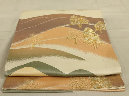 平和屋着物◎六通柄袋帯　樹林風景文　金糸　正絹　逸品　AAAY9759ou