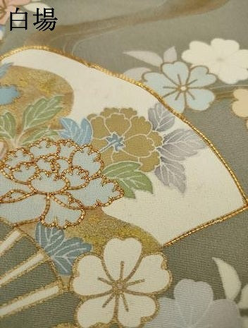 平和屋着物●訪問着　友禅　駒刺繍　流水扇面吉祥花文　金彩　正絹　逸品　AAAY9772ck