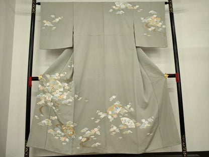平和屋着物●訪問着　友禅　駒刺繍　流水扇面吉祥花文　金彩　正絹　逸品　AAAY9772ck