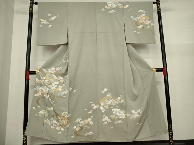 平和屋着物●訪問着　友禅　駒刺繍　流水扇面吉祥花文　金彩　正絹　逸品　AAAY9772ck