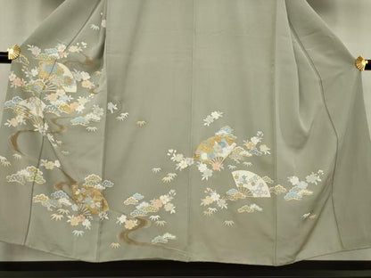平和屋着物●訪問着　友禅　駒刺繍　流水扇面吉祥花文　金彩　正絹　逸品　AAAY9772ck
