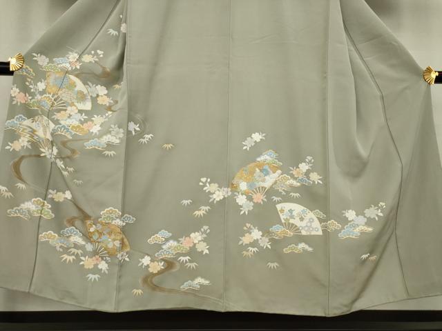 平和屋着物●訪問着　友禅　駒刺繍　流水扇面吉祥花文　金彩　正絹　逸品　AAAY9772ck