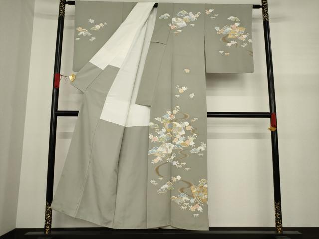 平和屋着物●訪問着　友禅　駒刺繍　流水扇面吉祥花文　金彩　正絹　逸品　AAAY9772ck