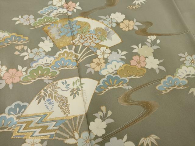 平和屋着物●訪問着　友禅　駒刺繍　流水扇面吉祥花文　金彩　正絹　逸品　AAAY9772ck