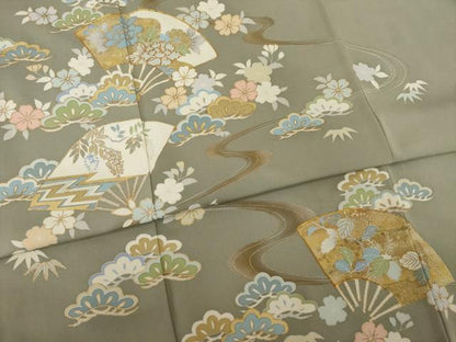平和屋着物●訪問着　友禅　駒刺繍　流水扇面吉祥花文　金彩　正絹　逸品　AAAY9772ck