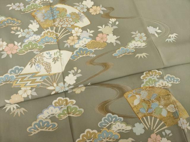 平和屋着物●訪問着　友禅　駒刺繍　流水扇面吉祥花文　金彩　正絹　逸品　AAAY9772ck