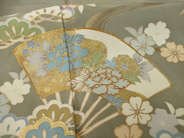 平和屋着物●訪問着　友禅　駒刺繍　流水扇面吉祥花文　金彩　正絹　逸品　AAAY9772ck