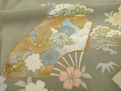 平和屋着物●訪問着　友禅　駒刺繍　流水扇面吉祥花文　金彩　正絹　逸品　AAAY9772ck