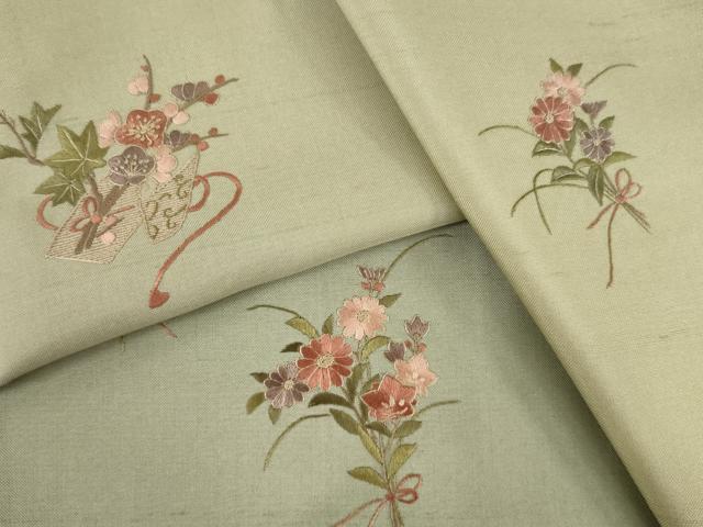 平和屋着物●訪問着 紬地 総刺繍 舞花文 暈し染め 正絹 逸品 AAAY9780ck