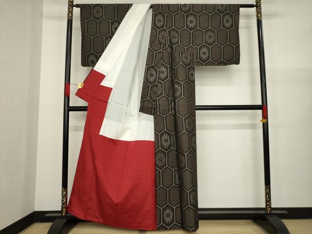 平和屋着物●上質な紬 亀甲花文 正絹 逸品 AAAY9797ck