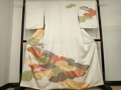平和屋着物●訪問着 絞り 刺繍 雲重ね花文 金彩 正絹 逸品 AAAY9799ck