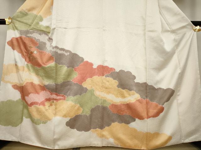平和屋着物●訪問着 絞り 刺繍 雲重ね花文 金彩 正絹 逸品 AAAY9799ck