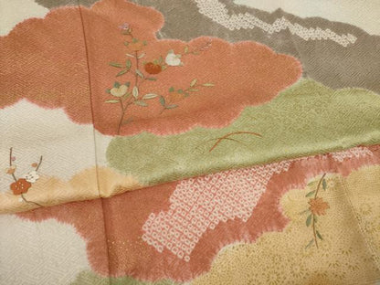 平和屋着物●訪問着 絞り 刺繍 雲重ね花文 金彩 正絹 逸品 AAAY9799ck