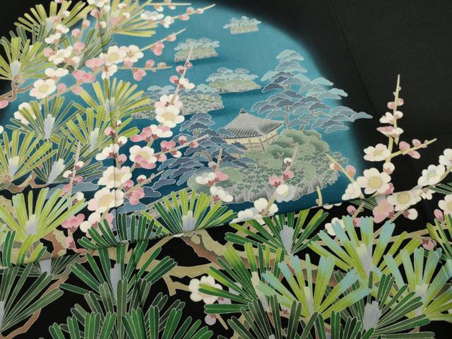 平和屋着物●十日町友禅作家　阿部佳雪　黒留袖　風景花松文　暈し染め　正絹　逸品　DAAV8723tw 平和屋着物○十日町友禅作家 阿部佳雪 黒留袖 風景花文 暈