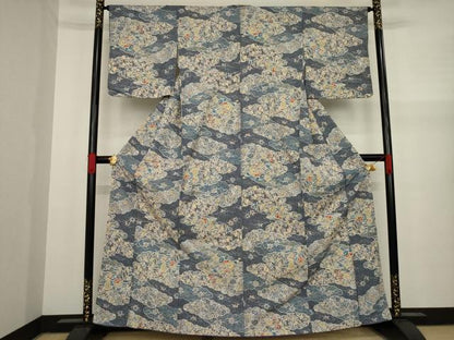 平和屋着物●上質な小紋 紬地 辻が花 雲重ね花文 金彩 正絹 逸品 AAAY9826ck
