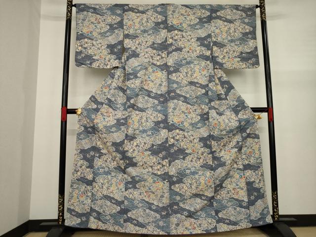 平和屋着物●上質な小紋 紬地 辻が花 雲重ね花文 金彩 正絹 逸品 AAAY9826ck