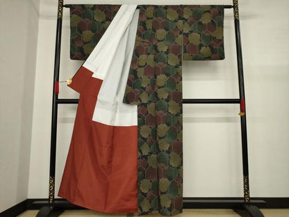 平和屋着物●お召 亀甲文 黒地 正絹 逸品 AAAY9870ck