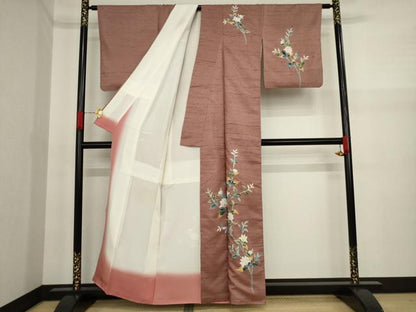 平和屋着物●訪問着 紬地 草花文 正絹 逸品 AAAY9879ck