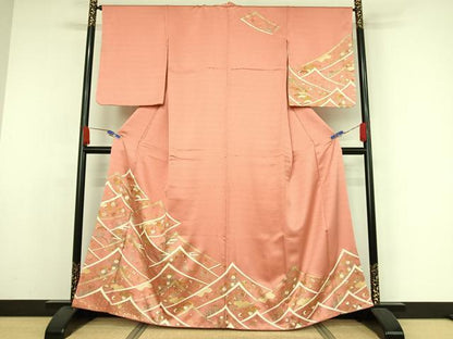 平和屋着物●訪問着 駒刺繍 遠山草花文 金糸 金彩 正絹 逸品 AAAY9885np