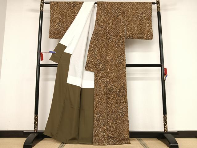 平和屋着物●二代目更甚 江戸更紗 小紋 更紗花鳥文 鬼しぼ縮緬 正絹 逸品 AAAY9888np