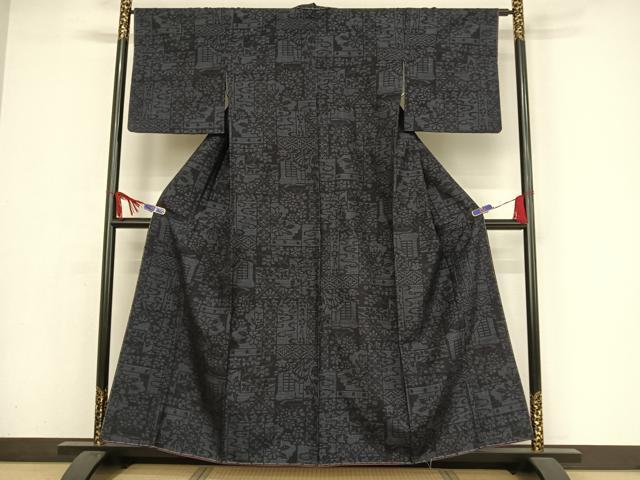 平和屋着物●結城紬　80亀甲　幾何学花文　正絹　逸品　未使用　AAAY9926np