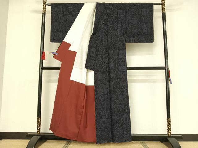 平和屋着物●結城紬　80亀甲　幾何学花文　正絹　逸品　未使用　AAAY9926np