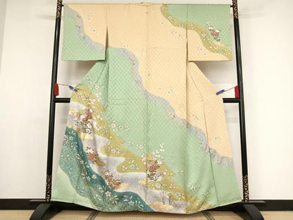 平和屋着物●訪問着　絞り　霞草花文　暈し染め　金彩　正絹　逸品　AAAY9935np