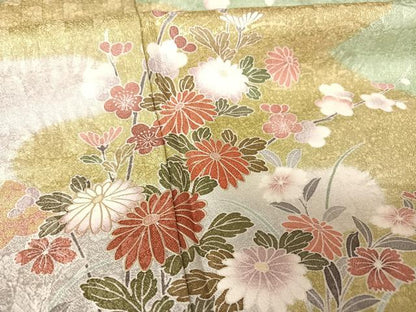 平和屋着物●訪問着　絞り　霞草花文　暈し染め　金彩　正絹　逸品　AAAY9935np