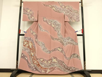 平和屋着物●訪問着 辻が花 桃色地 正絹 逸品 AAAY9984np