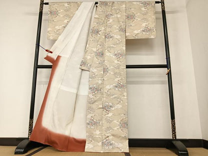 平和屋着物●本場大島紬　白大島　カタス9マルキ　雲重ね草花文　正絹　逸品　AABI8152cs