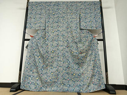 平和屋着物●上質な小紋 型染め 草花文 銀彩 丹後縮緬 仮絵羽 正絹 逸品 未使用 AAAZ0068zg