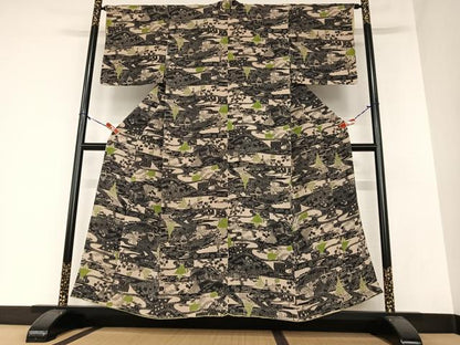 平和屋着物●上質な小紋 型染め 松竹梅風景文 鬼しぼ縮緬 正絹 逸品 AAAZ0074zg