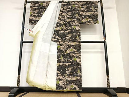 平和屋着物●上質な小紋 型染め 松竹梅風景文 鬼しぼ縮緬 正絹 逸品 AAAZ0074zg