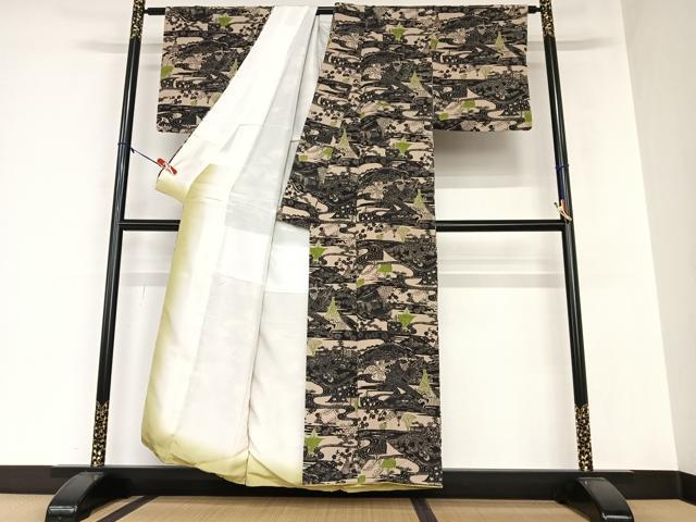 平和屋着物●上質な小紋 型染め 松竹梅風景文 鬼しぼ縮緬 正絹 逸品 AAAZ0074zg