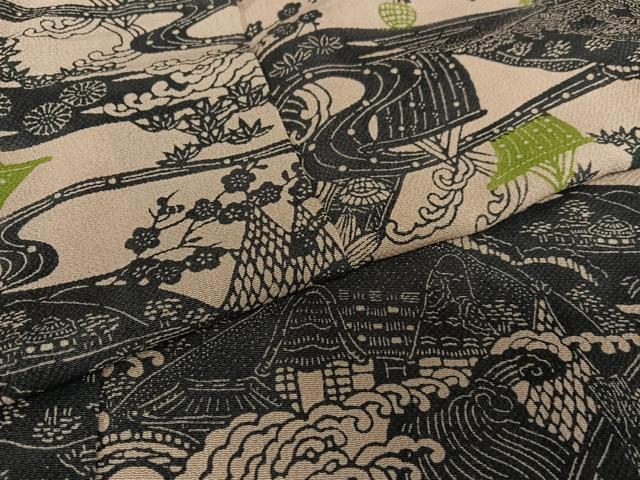 平和屋着物●上質な小紋 型染め 松竹梅風景文 鬼しぼ縮緬 正絹 逸品 AAAZ0074zg