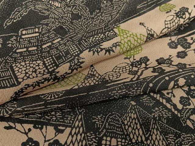 平和屋着物●上質な小紋 型染め 松竹梅風景文 鬼しぼ縮緬 正絹 逸品 AAAZ0074zg