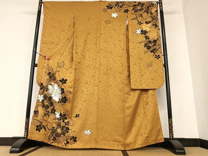 平和屋着物▽金彩友禅作家　金彩の魔術師　堀省平　金煌織　振袖　草花文　銀彩　十二単衣風　正絹　逸品　AAAZ0082zg