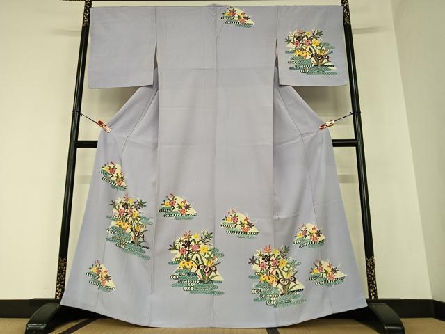 平和屋着物●訪問着 型染め 流水花文 杜若 正絹 逸品 AAAZ0092zg