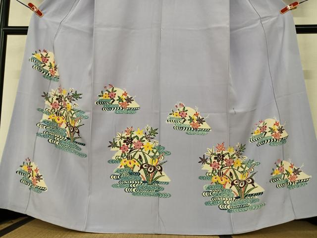 平和屋着物●訪問着 型染め 流水花文 杜若 正絹 逸品 AAAZ0092zg