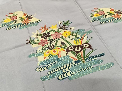 平和屋着物●訪問着 型染め 流水花文 杜若 正絹 逸品 AAAZ0092zg