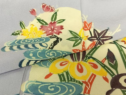 平和屋着物●訪問着 型染め 流水花文 杜若 正絹 逸品 AAAZ0092zg