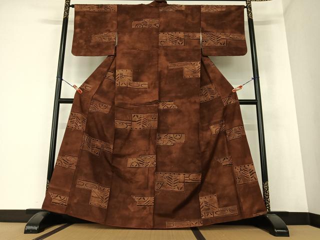 平和屋着物●上質な小紋 紬地 横段草花文 正絹 逸品 AAAZ0098zg