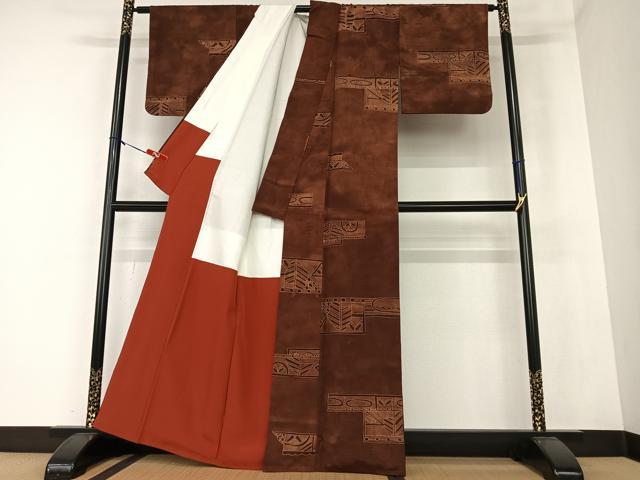 平和屋着物●上質な小紋 紬地 横段草花文 正絹 逸品 AAAZ0098zg