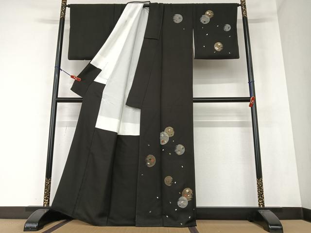 平和屋着物●訪問着　駒刺繍　夜桜　黒地　金彩　正絹　逸品　AAAZ0107zg