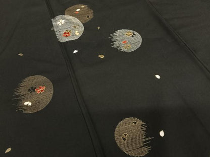 平和屋着物●訪問着　駒刺繍　夜桜　黒地　金彩　正絹　逸品　AAAZ0107zg
