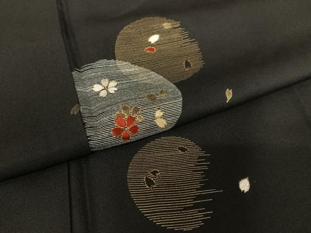 平和屋着物●訪問着　駒刺繍　夜桜　黒地　金彩　正絹　逸品　AAAZ0107zg