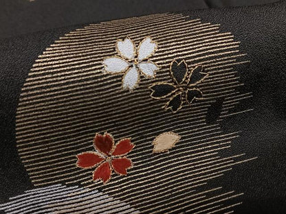 平和屋着物●訪問着　駒刺繍　夜桜　黒地　金彩　正絹　逸品　AAAZ0107zg