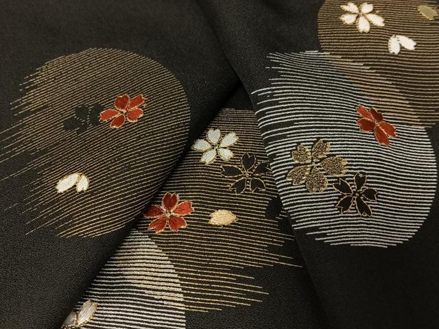 平和屋着物●訪問着　駒刺繍　夜桜　黒地　金彩　正絹　逸品　AAAZ0107zg