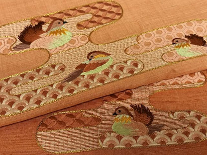 平和屋着物●紬 訪問着 駒刺繍 エ霞鴛鴦文 暈し染め 正絹 逸品 AAAZ0119zg