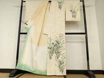 平和屋着物●訪問着 紬地 手描き 草花文 ろうけつ染め 正絹 逸品 AAAZ0121zg